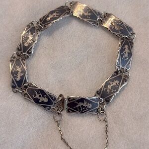 Vintage 7” Sterling Silver Niello Siamese Goddess Panel Bracelet